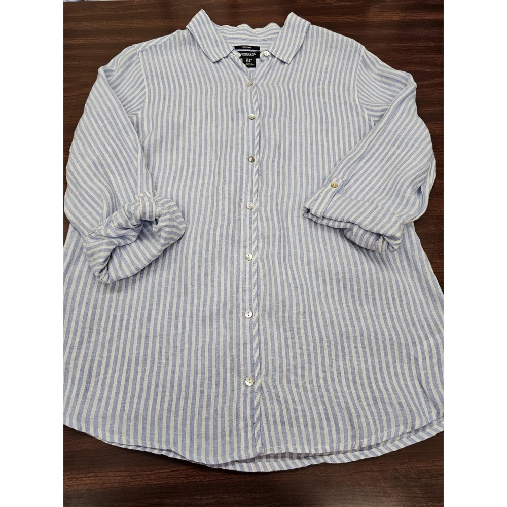 Jones New York Women's Medium 100% Linen Blue White Striped Button Down Shirt M - Picture 2 of 7